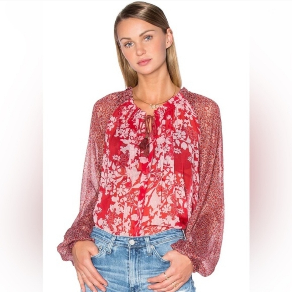 Free People Red Floral Hendrix Blouse Sheer Sz Medium
